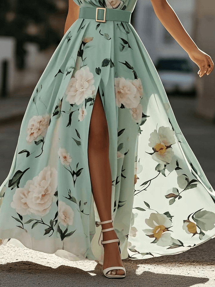 Vestido Maxi Chifón A-Line Verde Floral con Un Hombro Fruncido