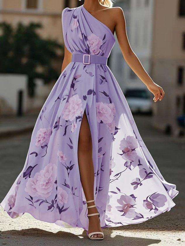 Vestido Maxi Chifón A-Line Verde Floral con Un Hombro Fruncido