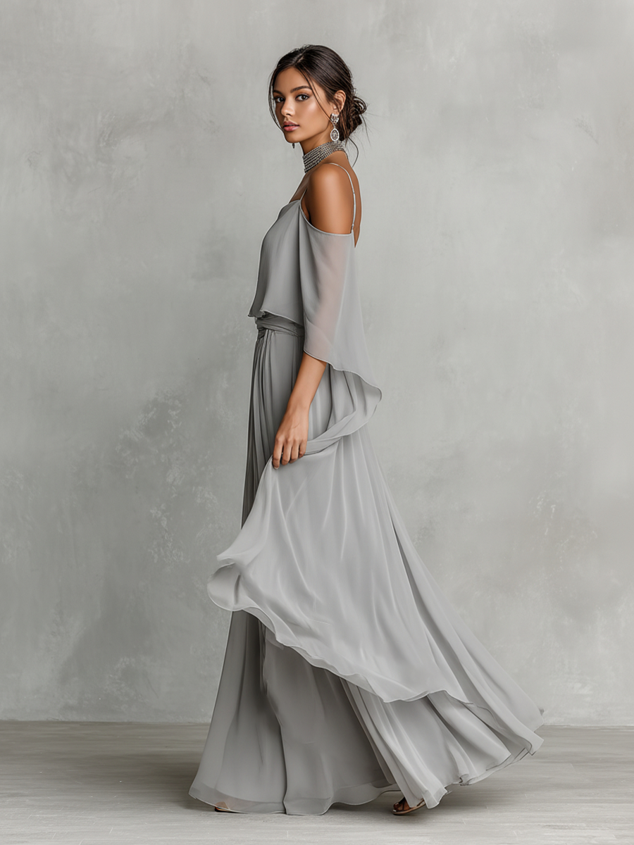 Conjunto de Chifón Transpirable Gris Mujer con Detalle de Hombros Descubiertos y Silueta Acampanada, Estilo Contemporáneo Lujo-Femenino