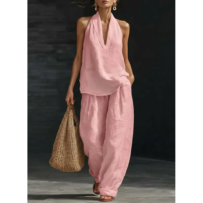 Alira™ | Boho lniany komplet 2-częściowy z topem halter i szerokimi spodniami
