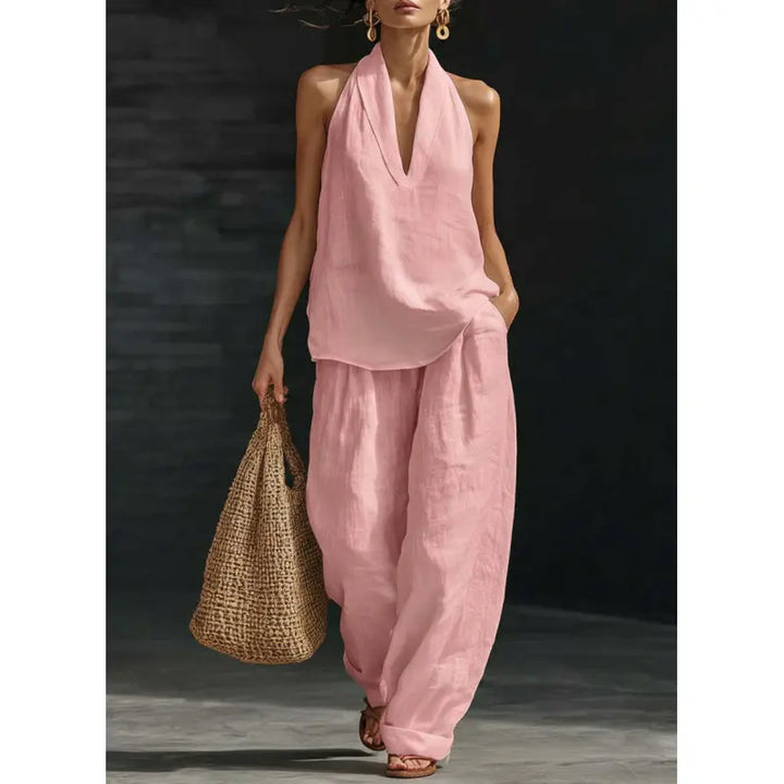 Alira™ | Boho lniany komplet 2-częściowy z topem halter i szerokimi spodniami