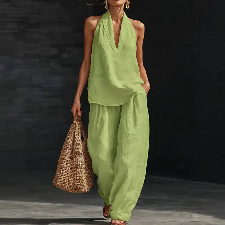 Alira™ | Boho lniany komplet 2-częściowy z topem halter i szerokimi spodniami