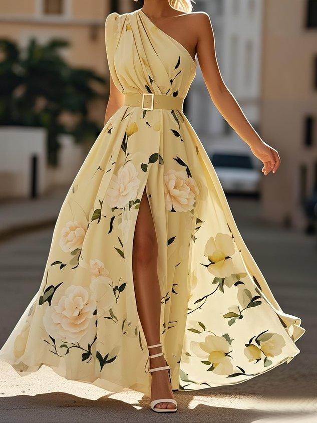 Vestido Maxi Chifón A-Line Verde Floral con Un Hombro Fruncido