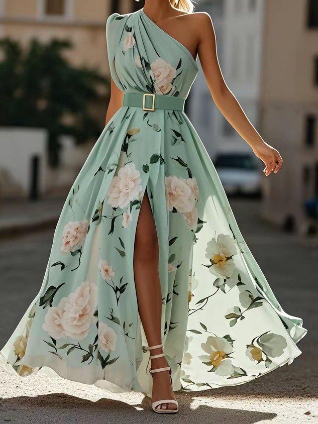 Vestido Maxi Chifón A-Line Verde Floral con Un Hombro Fruncido
