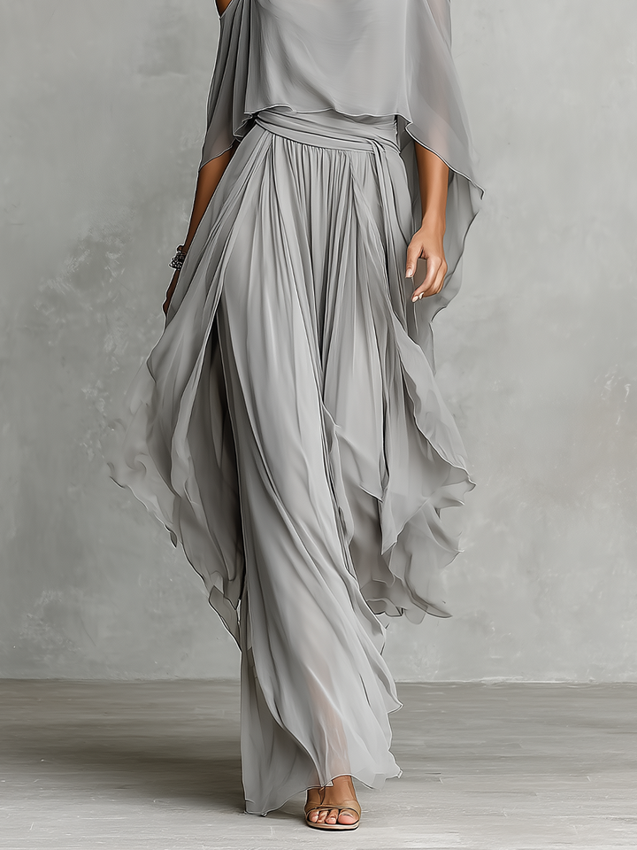 Conjunto de Chifón Transpirable Gris Mujer con Detalle de Hombros Descubiertos y Silueta Acampanada, Estilo Contemporáneo Lujo-Femenino