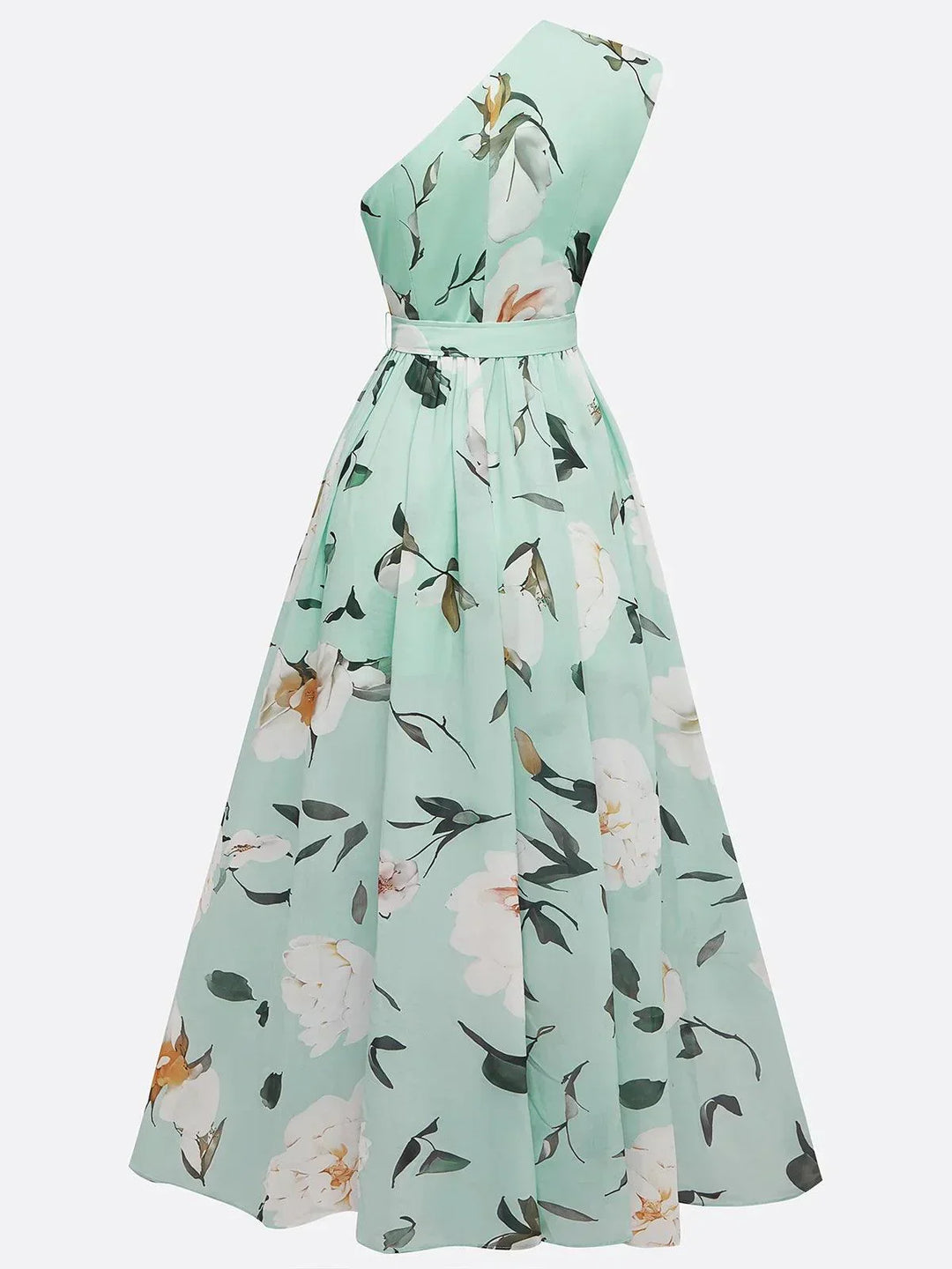 Vestido Maxi Chifón A-Line Verde Floral con Un Hombro Fruncido