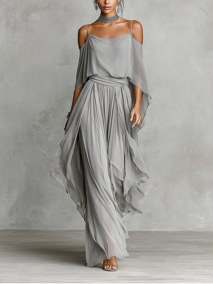 Conjunto de Chifón Transpirable Gris Mujer con Detalle de Hombros Descubiertos y Silueta Acampanada, Estilo Contemporáneo Lujo-Femenino
