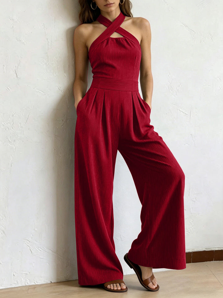 Bianca™ | Lniano-Bawełniany Kombinezon z Eleganckim Kopertowym Dekoltem