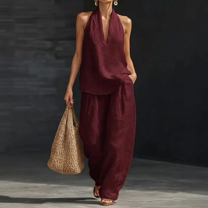 Alira™ | Boho lniany komplet 2-częściowy z topem halter i szerokimi spodniami