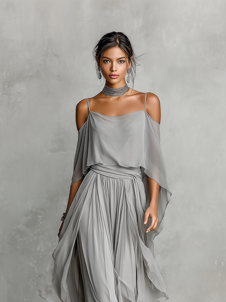 Conjunto de Chifón Transpirable Gris Mujer con Detalle de Hombros Descubiertos y Silueta Acampanada, Estilo Contemporáneo Lujo-Femenino