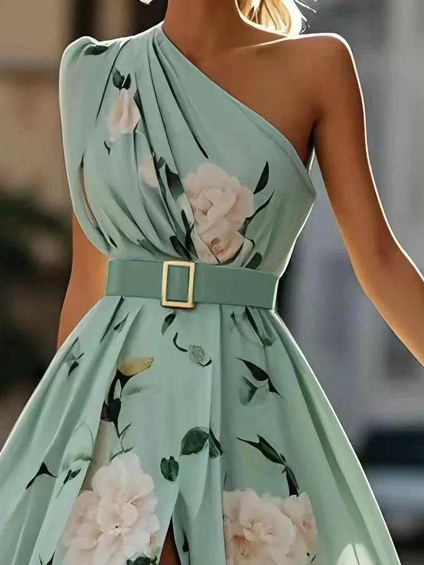 Vestido Maxi Chifón A-Line Verde Floral con Un Hombro Fruncido