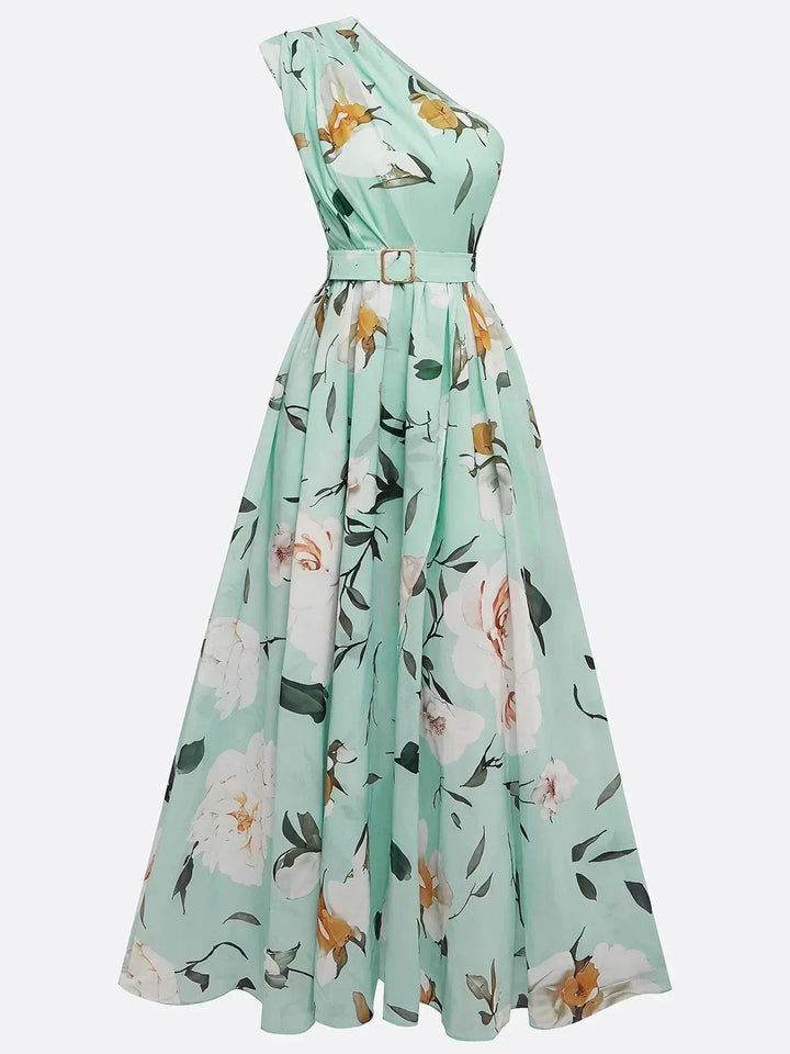 Vestido Maxi Chifón A-Line Verde Floral con Un Hombro Fruncido