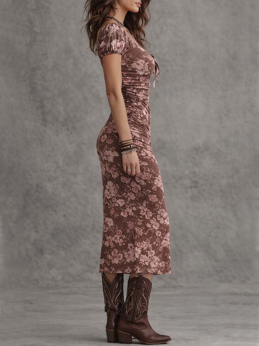 Isabel | Vestido Midi Ajustado con Manga Abullonada, Escote Corazón y Abertura Lateral