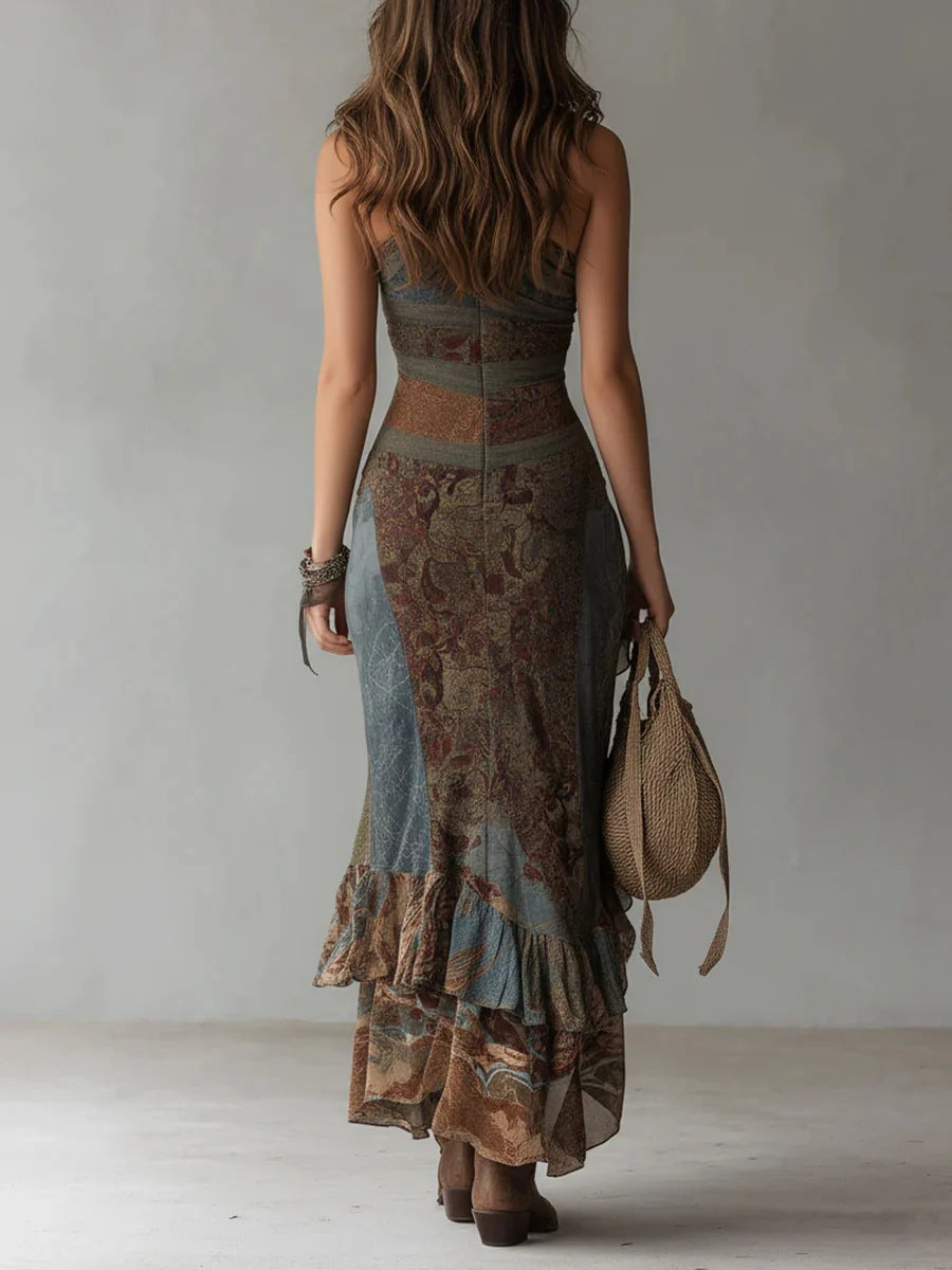 Amara™ | Asymetryczna długa sukienka z retro patchworkowym wzorem i wysokim rozcięciem