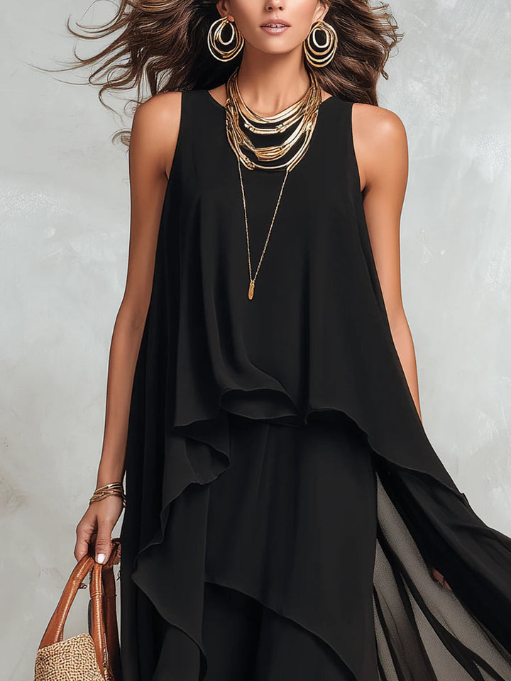 Marina | Vestido Maxi Sin Mangas de Chifón Negro con Cuello Redondo en Capas