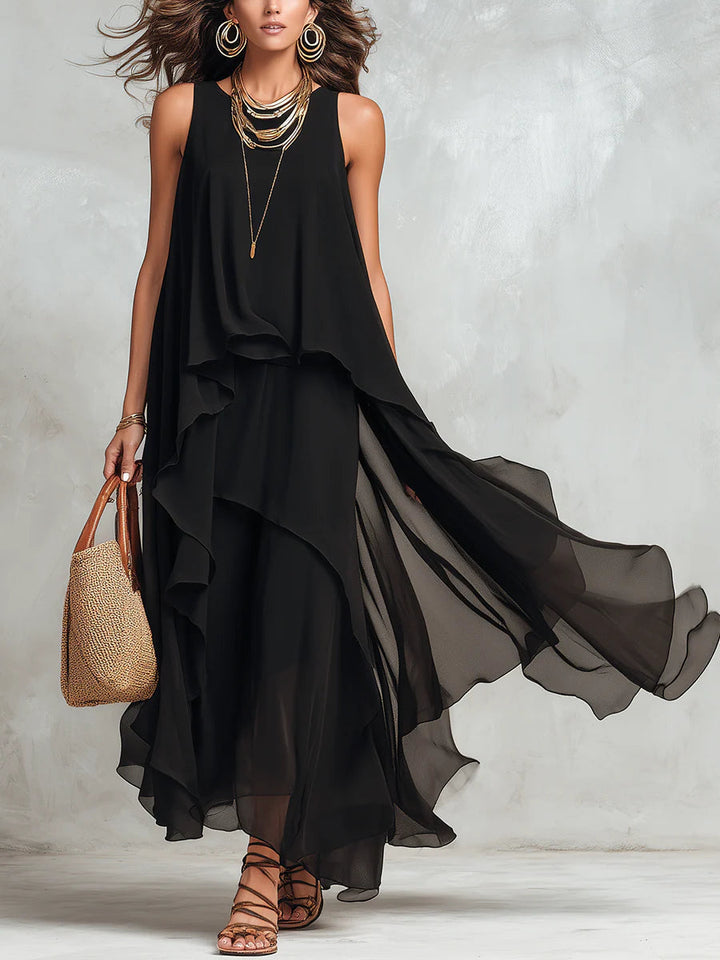 Marina | Vestido Maxi Sin Mangas de Chifón Negro con Cuello Redondo en Capas