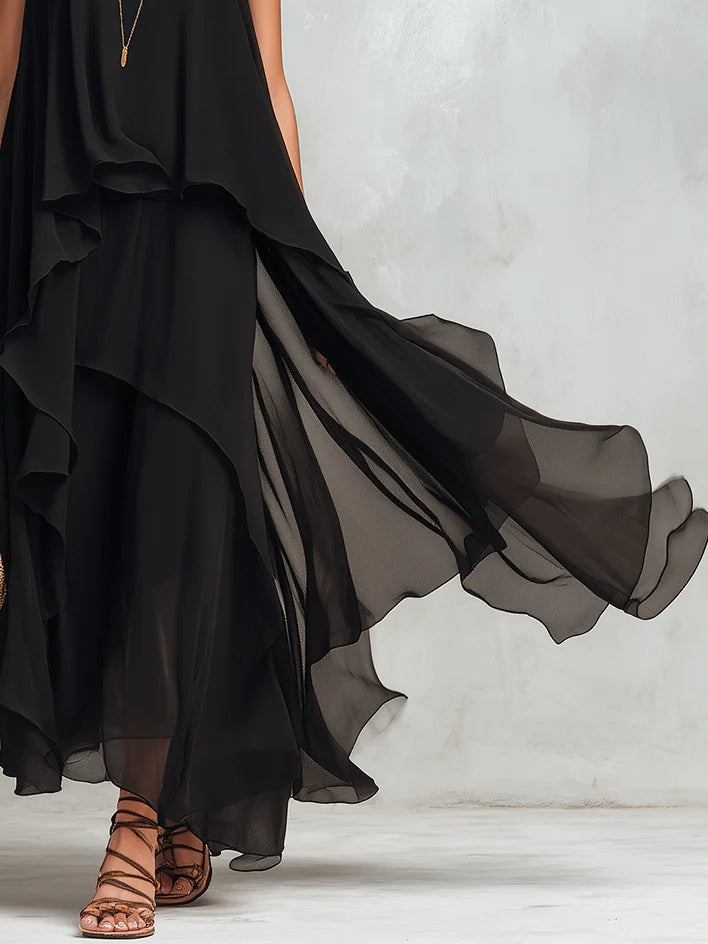 Marina | Vestido Maxi Sin Mangas de Chifón Negro con Cuello Redondo en Capas