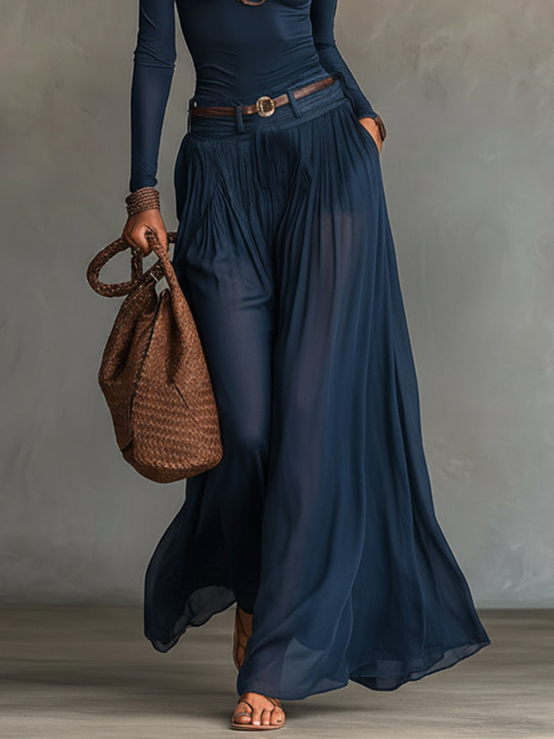 Valeria | Top de un solo hombro azul marino y falda de tul transparente, conjunto de dos piezas (con cinturón)