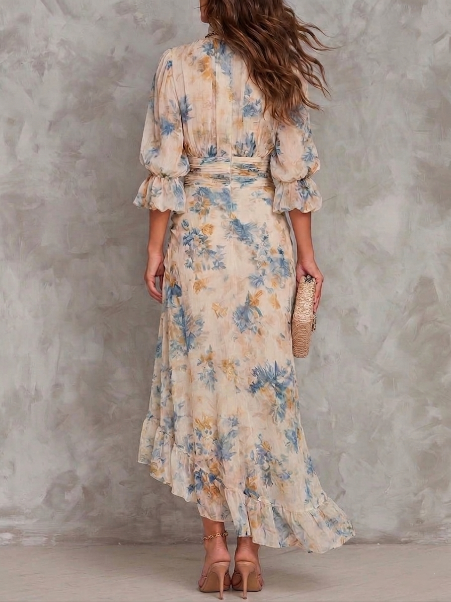 Layra | Vestido Maxi de Chifón Irregular con Estampado Floral de Pintura al Óleo Color Beige