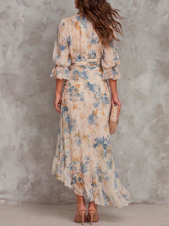 Layra | Vestido Maxi de Chifón Irregular con Estampado Floral de Pintura al Óleo Color Beige