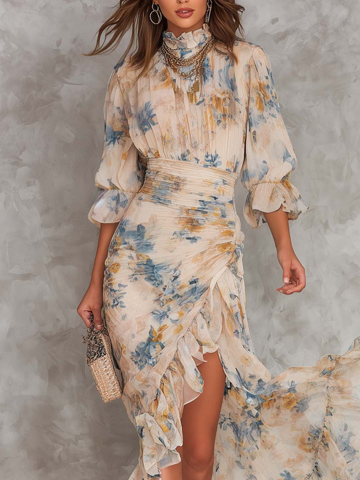 Layra | Vestido Maxi de Chifón Irregular con Estampado Floral de Pintura al Óleo Color Beige