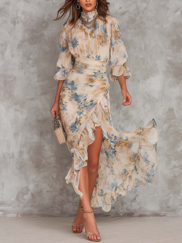 Layra | Vestido Maxi de Chifón Irregular con Estampado Floral de Pintura al Óleo Color Beige