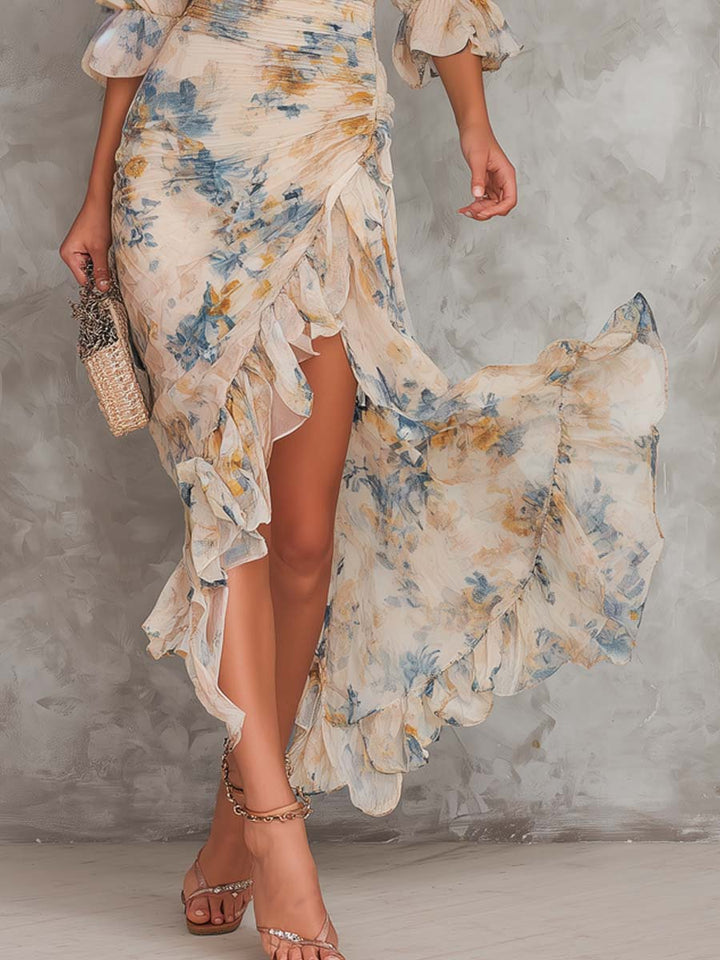 Layra | Vestido Maxi de Chifón Irregular con Estampado Floral de Pintura al Óleo Color Beige