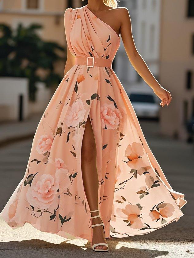 Vestido Maxi Chifón A-Line Verde Floral con Un Hombro Fruncido