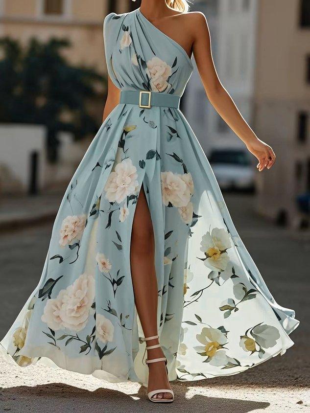 Vestido Maxi Chifón A-Line Verde Floral con Un Hombro Fruncido
