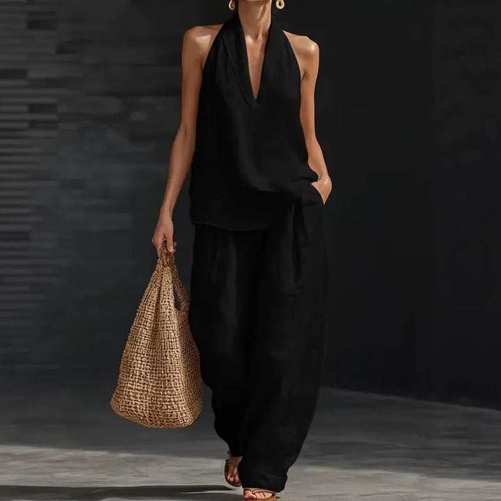 Alira™ | Boho lniany komplet 2-częściowy z topem halter i szerokimi spodniami
