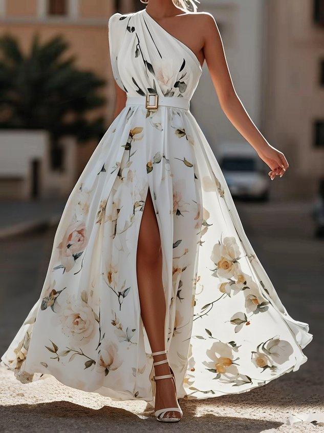 Vestido Maxi Chifón A-Line Verde Floral con Un Hombro Fruncido