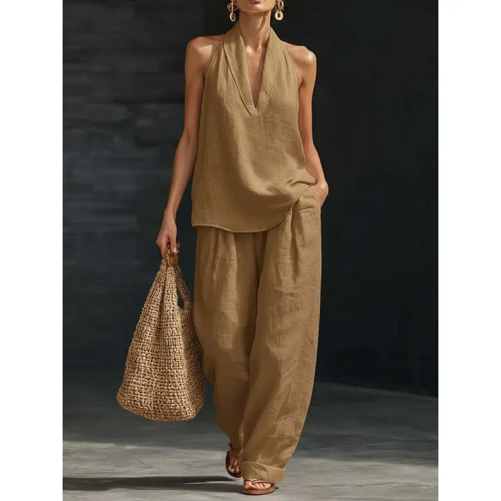 Alira™ | Boho lniany komplet 2-częściowy z topem halter i szerokimi spodniami