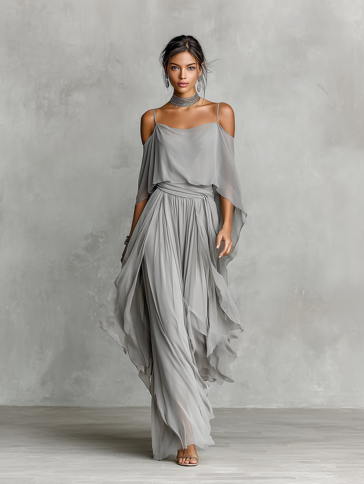 Conjunto de Chifón Transpirable Gris Mujer con Detalle de Hombros Descubiertos y Silueta Acampanada, Estilo Contemporáneo Lujo-Femenino
