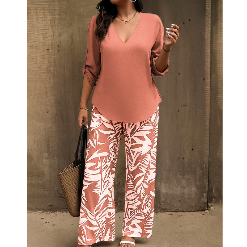 Liwia™ | Elegancki Letni Zestaw z Bluzką V-Neck i Spodniami z Nadrukiem