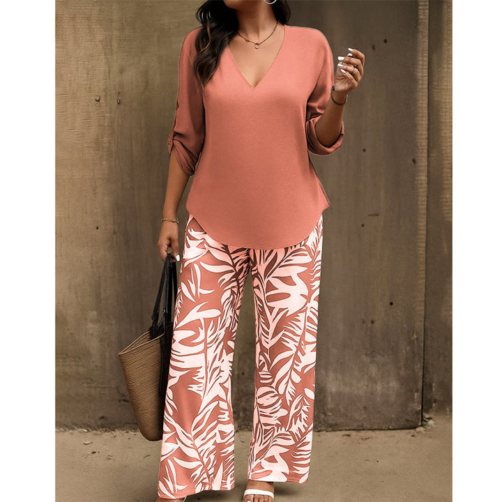Liwia™ | Elegancki Letni Zestaw z Bluzką V-Neck i Spodniami z Nadrukiem