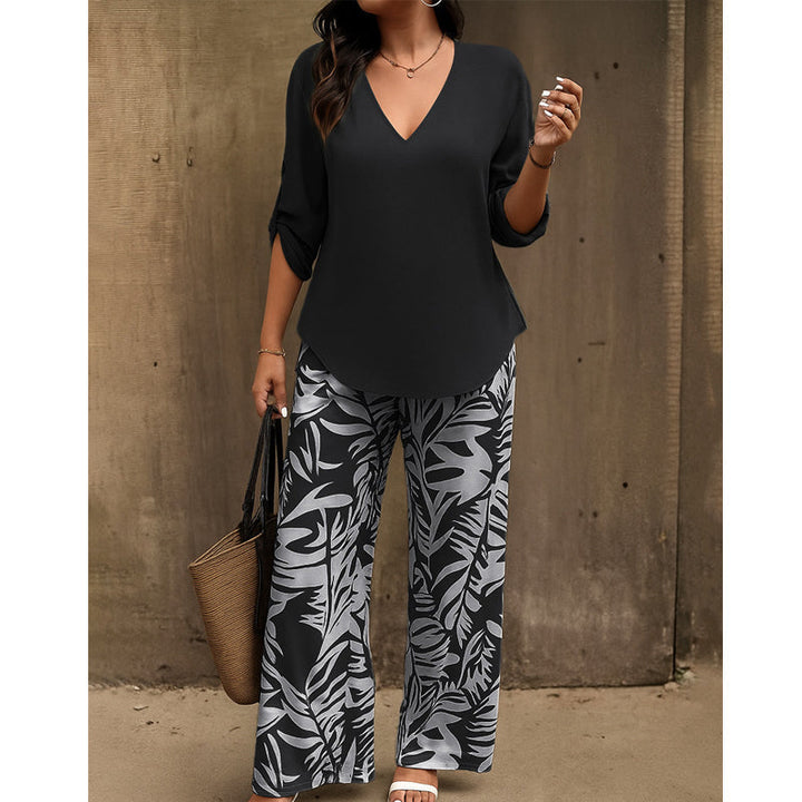 Liwia™ | Elegancki Letni Zestaw z Bluzką V-Neck i Spodniami z Nadrukiem