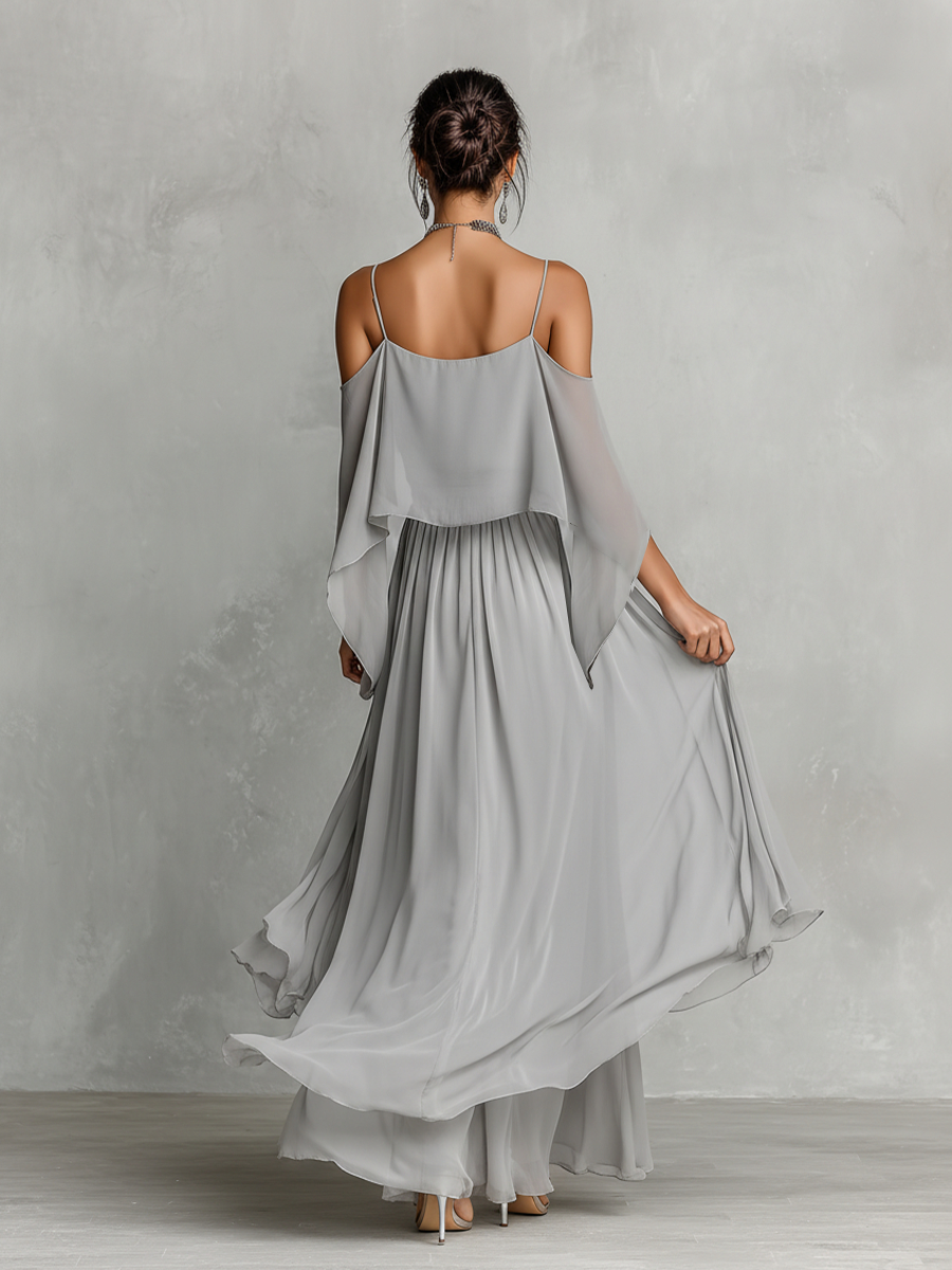 Conjunto de Chifón Transpirable Gris Mujer con Detalle de Hombros Descubiertos y Silueta Acampanada, Estilo Contemporáneo Lujo-Femenino