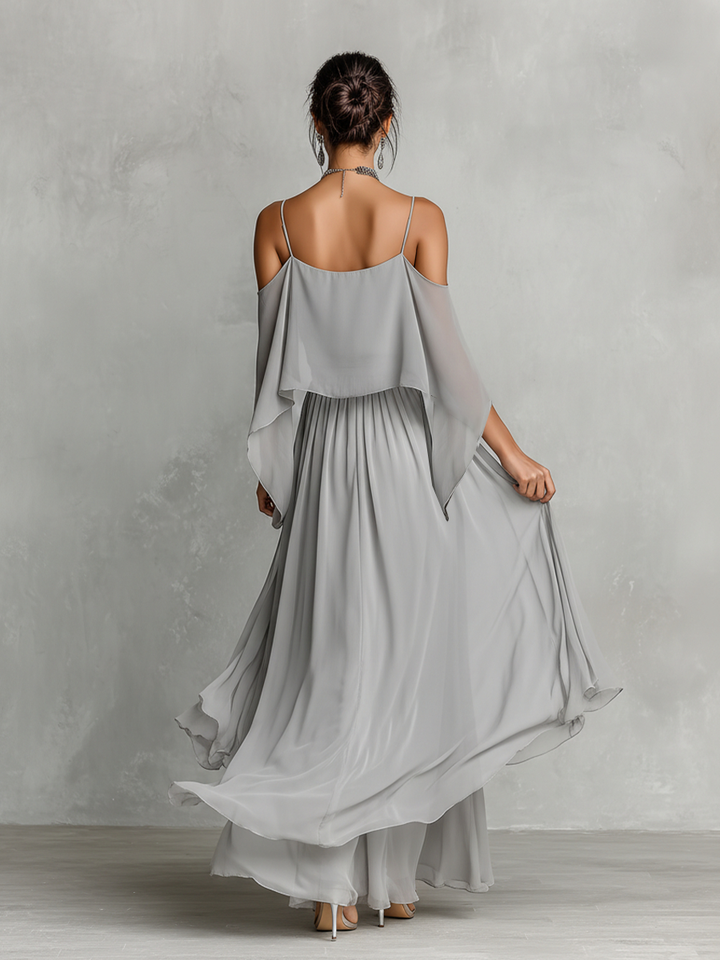 Conjunto de Chifón Transpirable Gris Mujer con Detalle de Hombros Descubiertos y Silueta Acampanada, Estilo Contemporáneo Lujo-Femenino